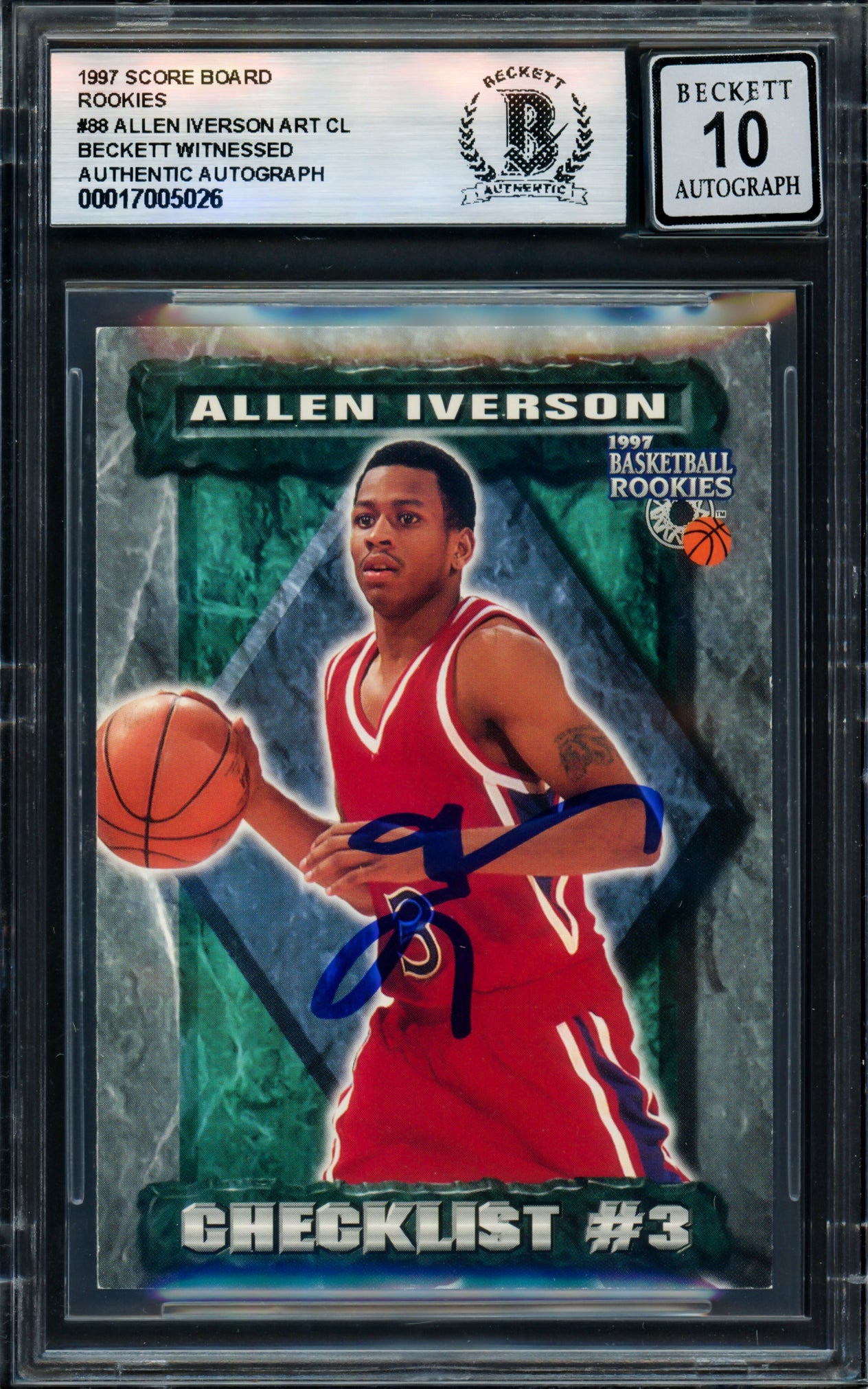 Allen Iverson Autographed 1997 Score Board Rookies Rookie Card #88 Card Philadelphia 76ers Auto Grade Gem Mint 10 Beckett BAS Witness Stock #235047