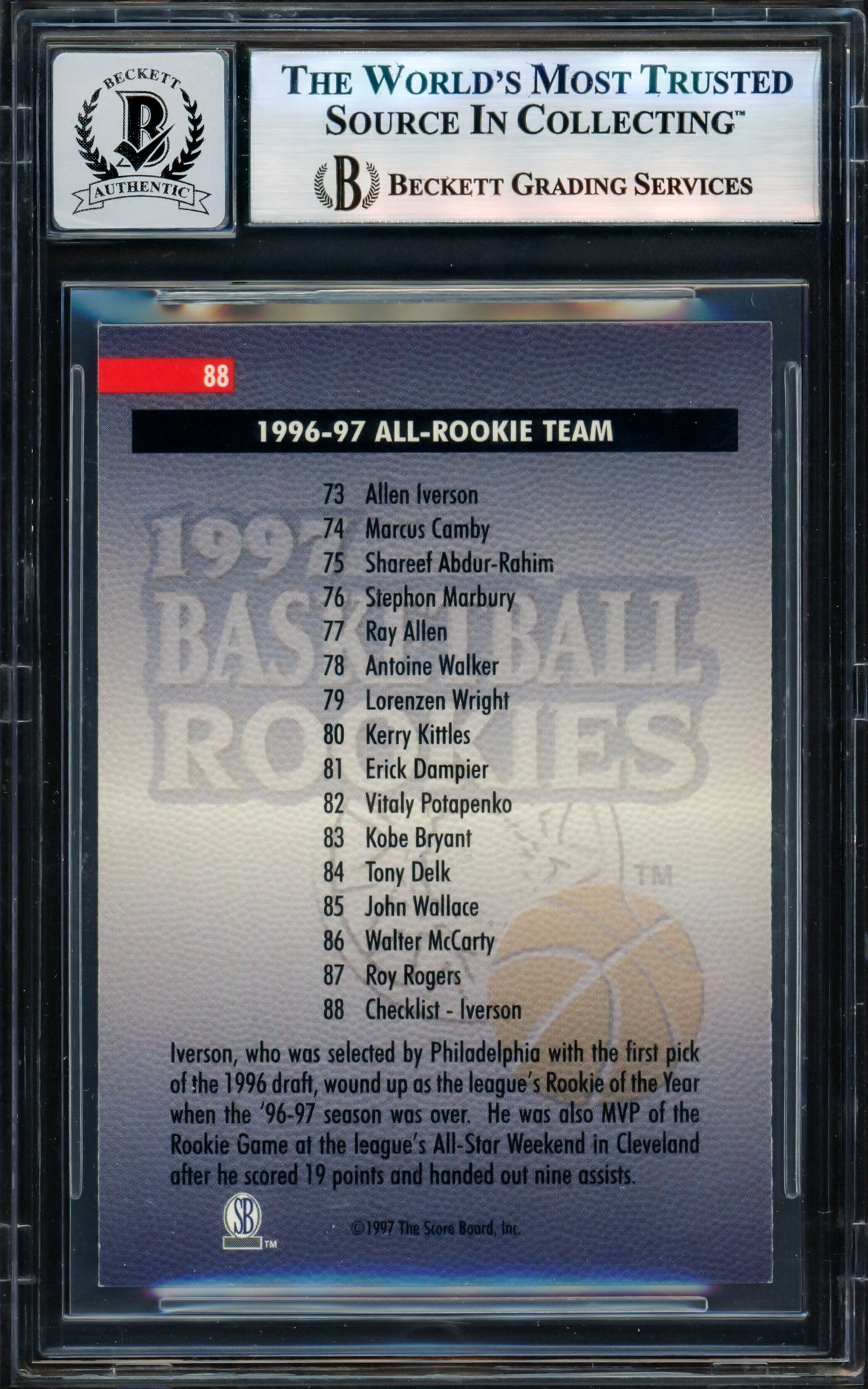 Allen Iverson Autographed 1997 Score Board Rookies Rookie Card #88 Card Philadelphia 76ers Auto Grade Gem Mint 10 Beckett BAS Witness Stock #235047