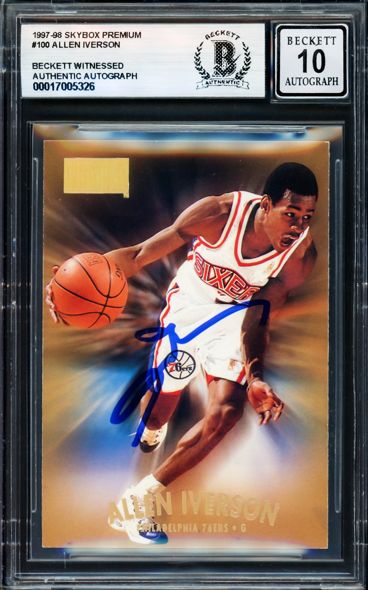 Allen Iverson Autographed 1997-98 Skybox Premium Card #100 Card Philadelphia 76ers Auto Grade Gem Mint 10 Beckett BAS Witness Stock #235048