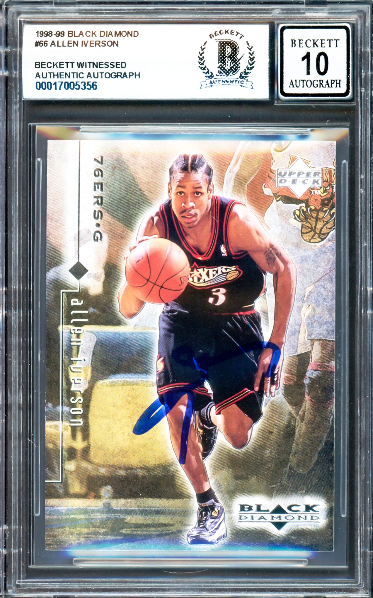 Allen Iverson Autographed 1998-99 Black Diamond Card #66 Card Philadelphia 76ers Auto Grade Gem Mint 10 Beckett BAS Witness Stock #235050
