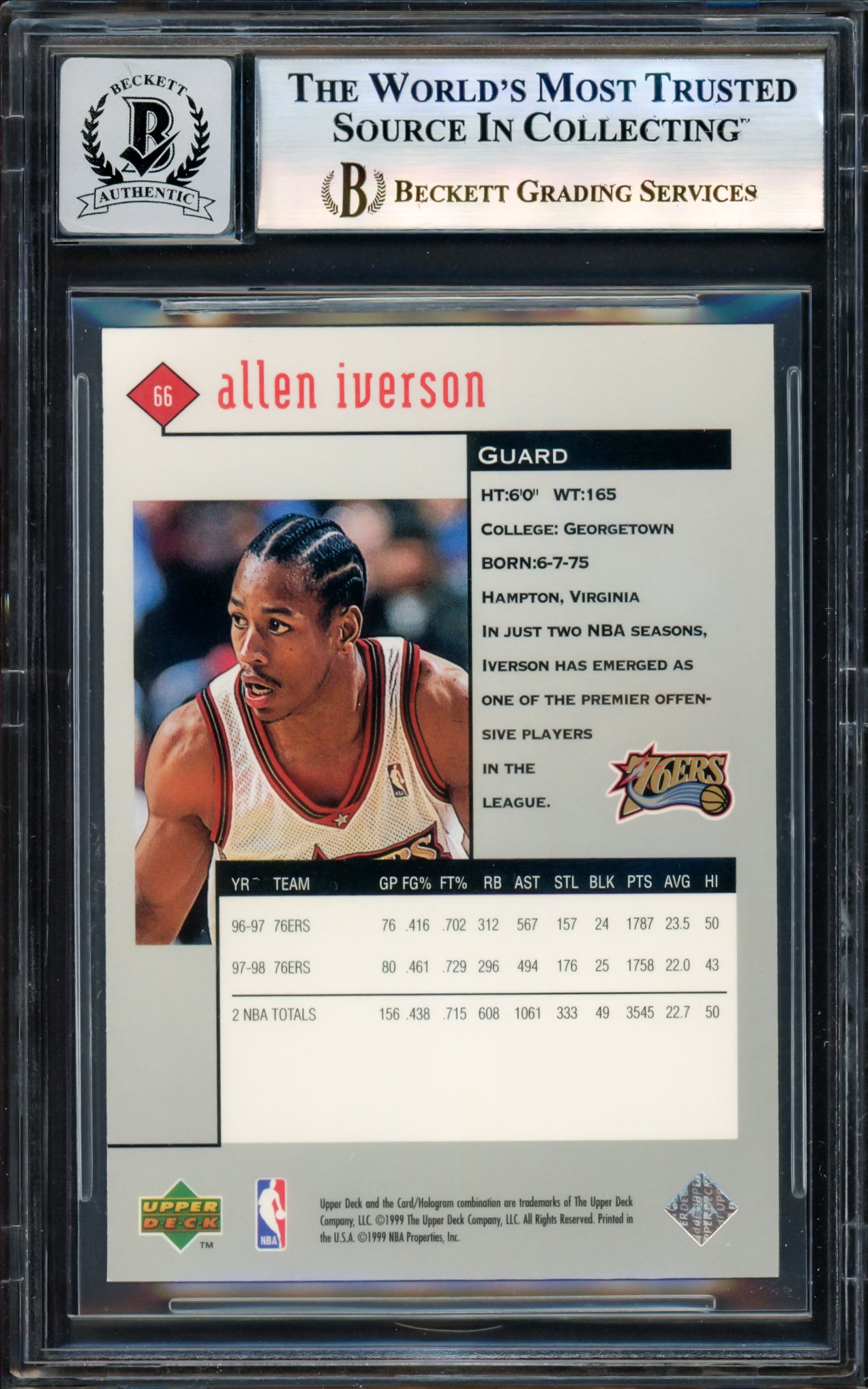Allen Iverson Autographed 1998-99 Black Diamond Card #66 Card Philadelphia 76ers Auto Grade Gem Mint 10 Beckett BAS Witness Stock #235050