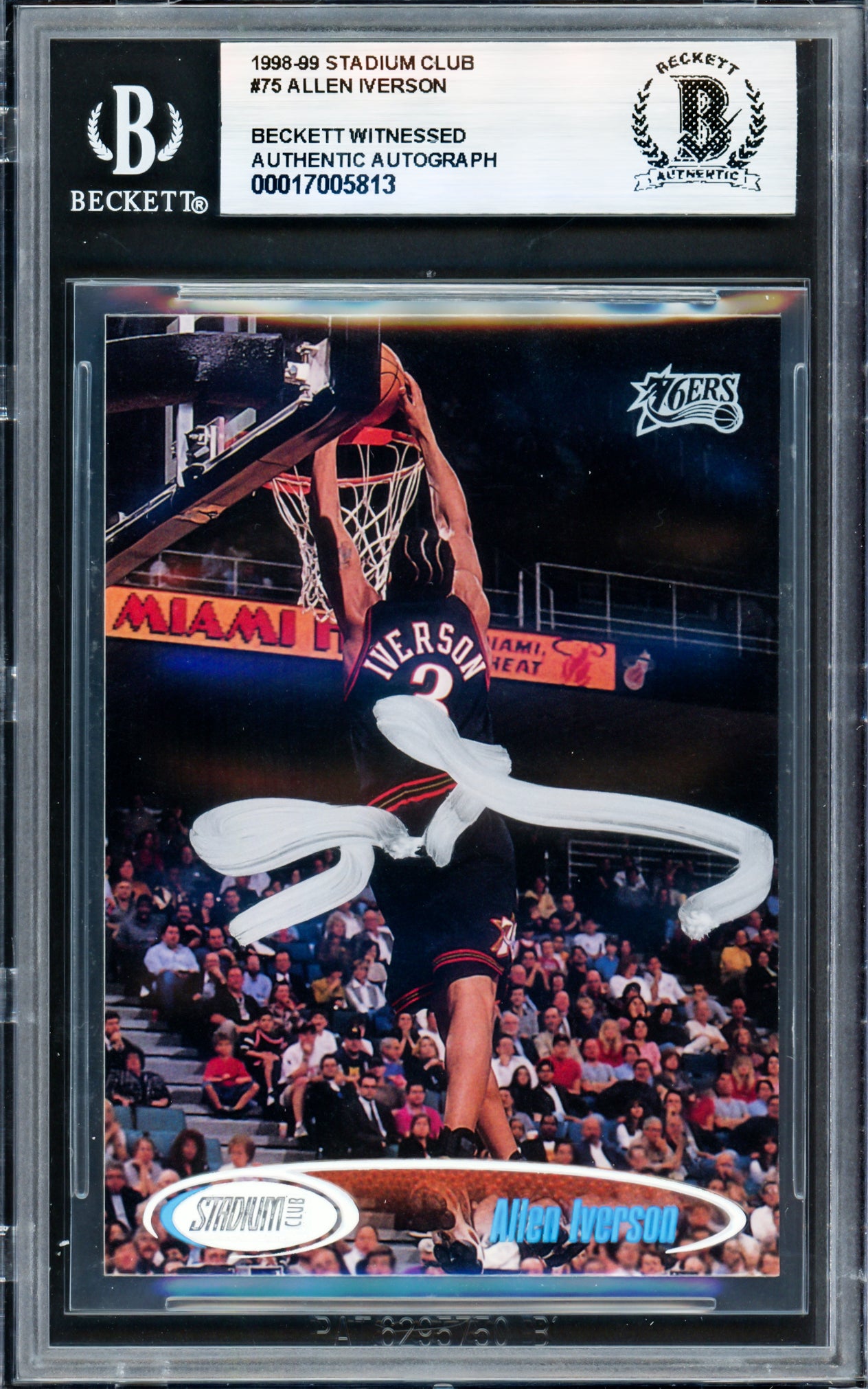 Allen Iverson Autographed 1998-99 Stadium Club Card #75 Card Philadelphia 76ers Beckett BAS Witness Stock #235051