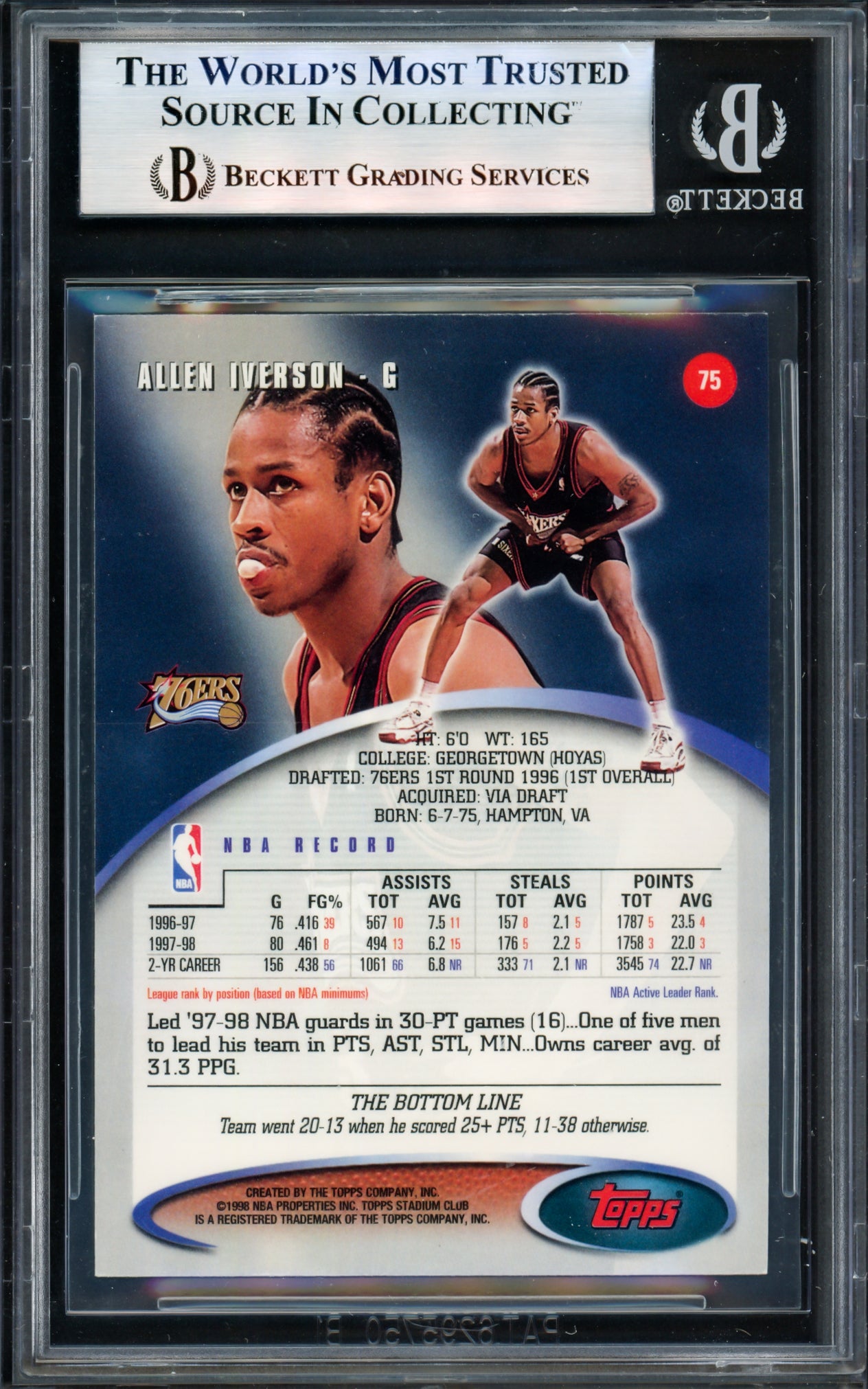 Allen Iverson Autographed 1998-99 Stadium Club Card #75 Card Philadelphia 76ers Beckett BAS Witness Stock #235051