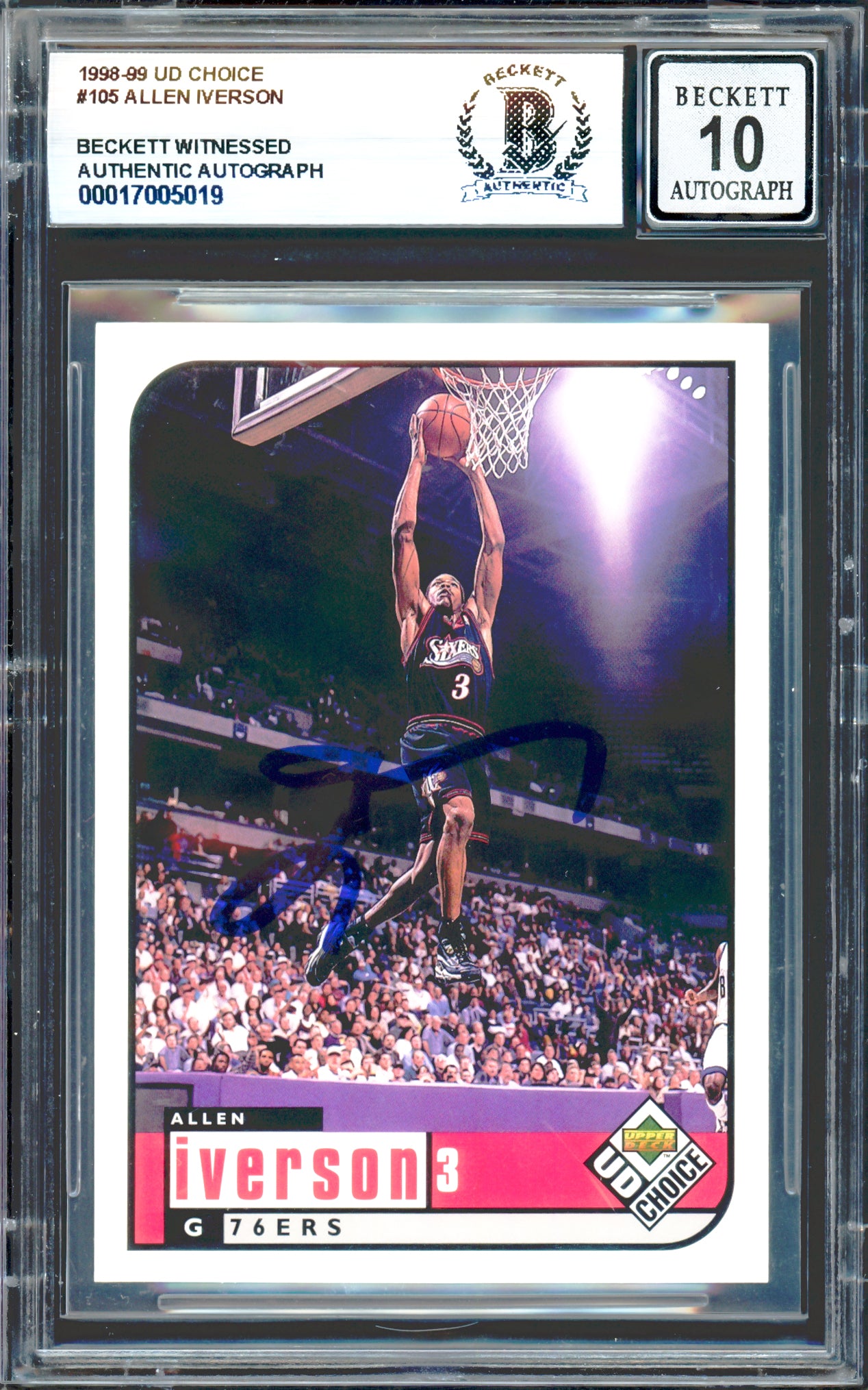 Allen Iverson Autographed 1998-99 UD Choice Card #105 Card Philadelphia 76ers Auto Grade Gem Mint 10 Beckett BAS Witness Stock #235052