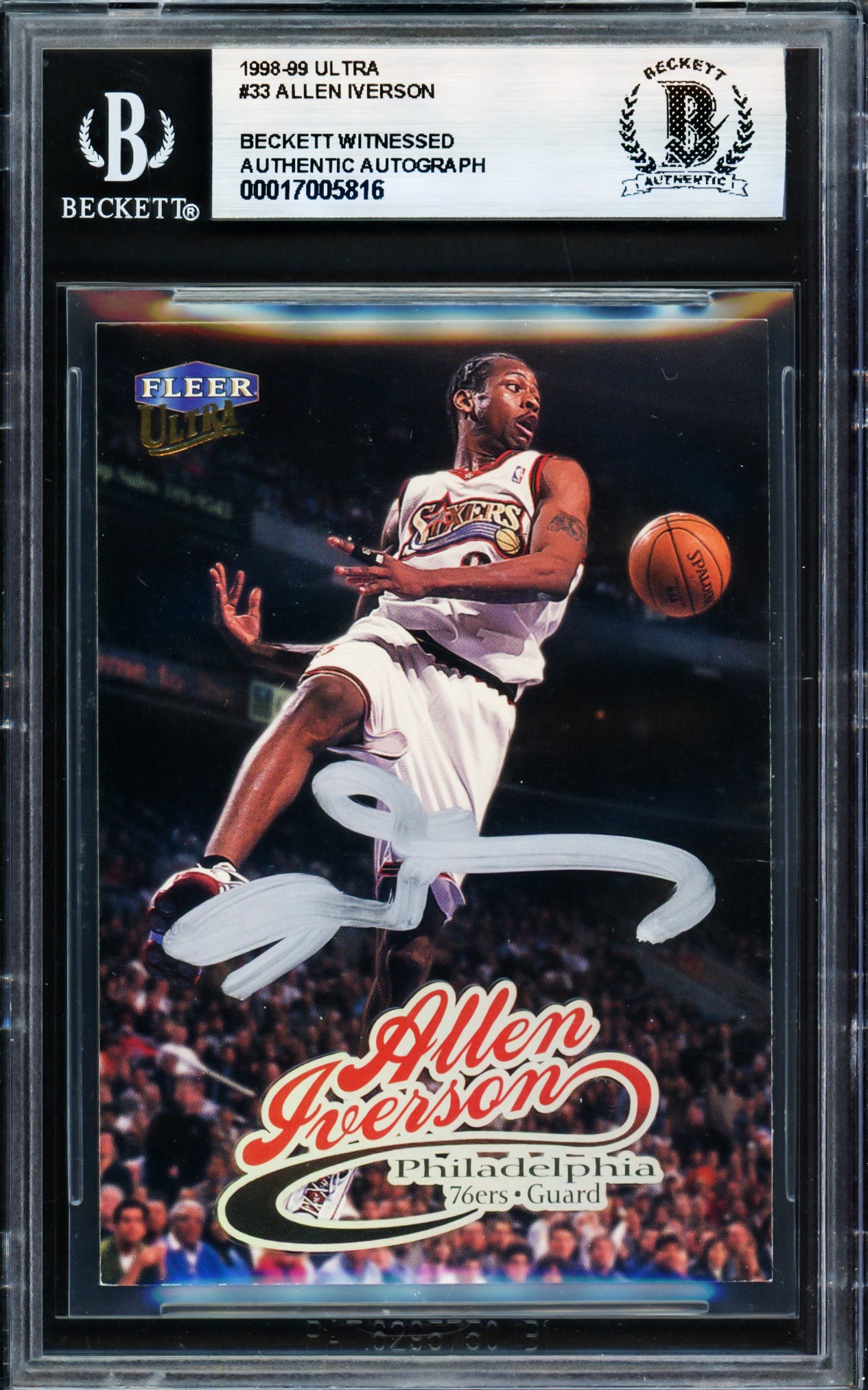 Allen Iverson Autographed 1998-99 Fleer Ultra Card #33 Card Philadelphia 76ers Beckett BAS Witness Stock #235053