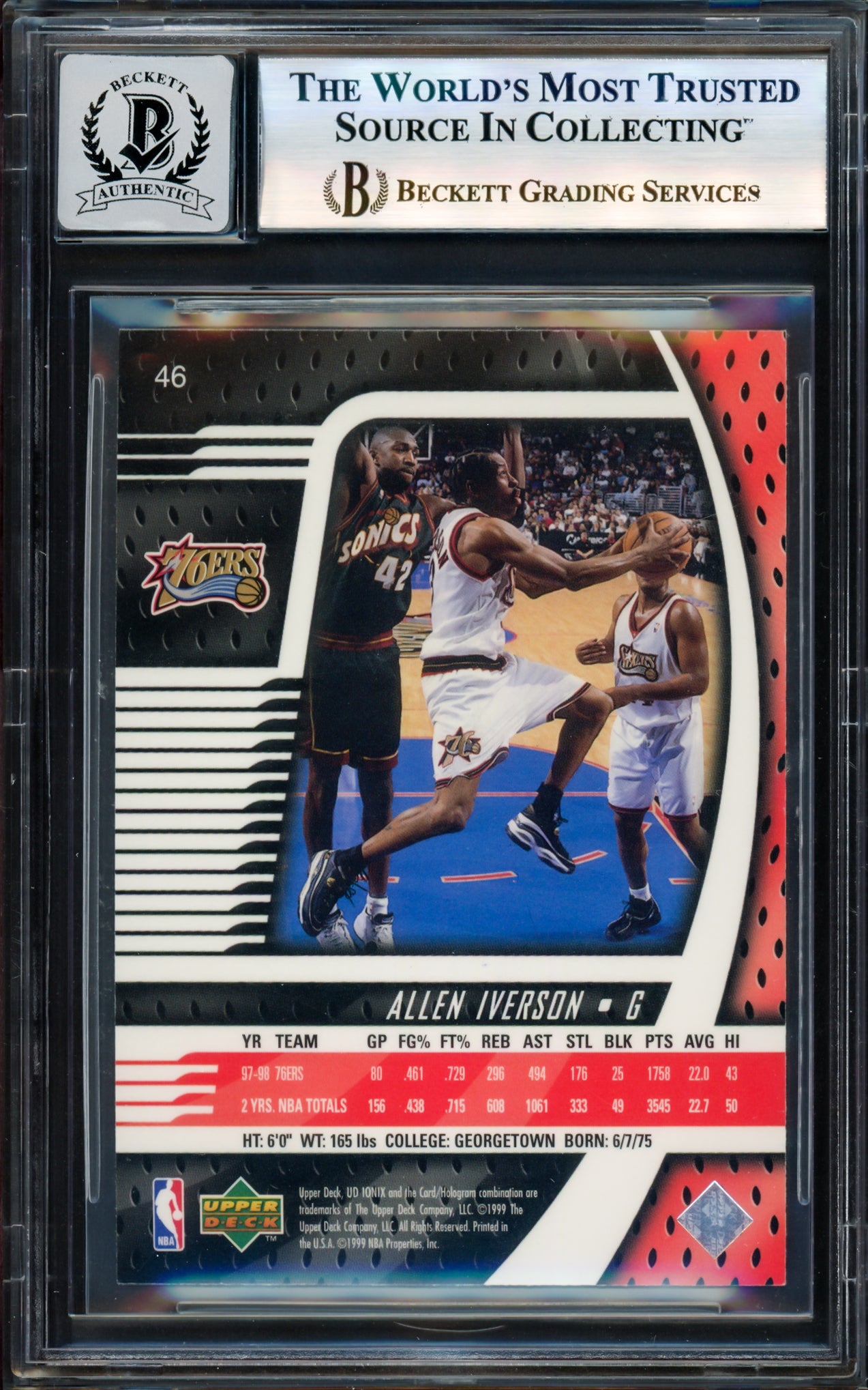 Allen Iverson Autographed 1998-99 UD Ionix Card #46 Card Philadelphia 76ers Auto Grade Gem Mint 10 Beckett BAS Witness Stock #235054