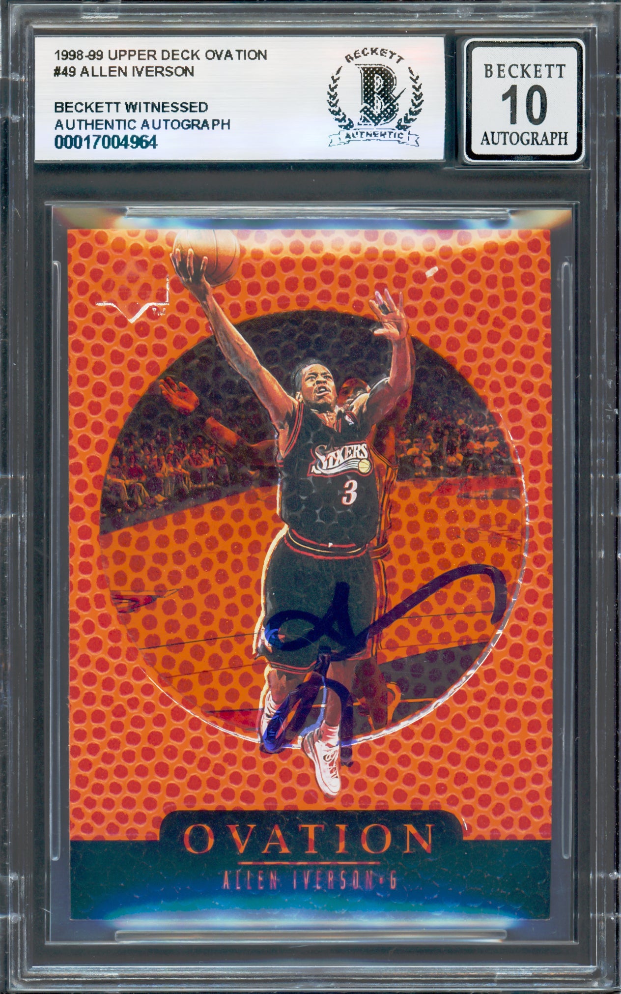 Allen Iverson Autographed 1998-99 Upper Deck Ovation Card #49 Card Philadelphia 76ers Auto Grade Gem Mint 10 Beckett BAS Witness Stock #235055