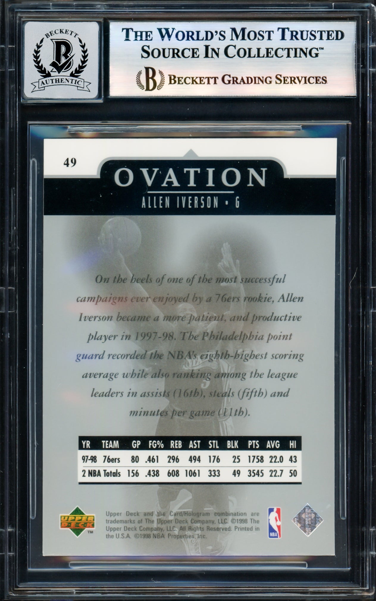 Allen Iverson Autographed 1998-99 Upper Deck Ovation Card #49 Card Philadelphia 76ers Auto Grade Gem Mint 10 Beckett BAS Witness Stock #235055