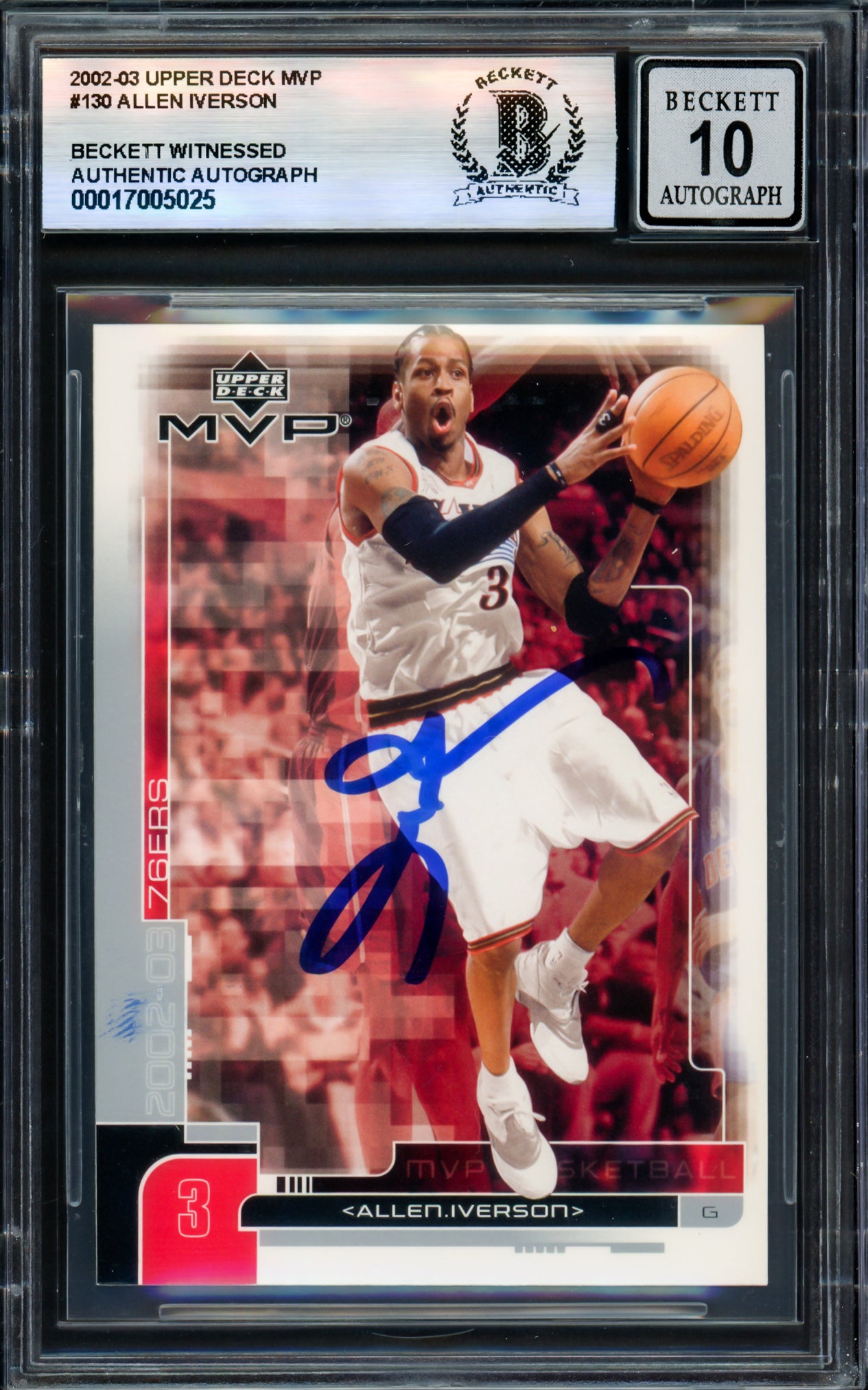 Allen Iverson Autographed 2002-03 Upper Deck MVP Card #130 Card Philadelphia 76ers Auto Grade Gem Mint 10 Beckett BAS Witness Stock #235057