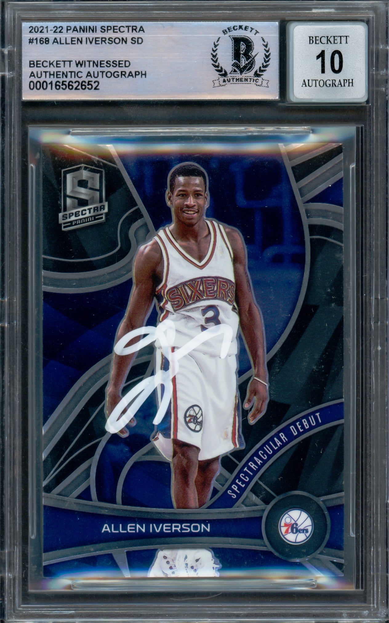 Allen Iverson Autographed 2021-22 Panini Spectra Card #168 Card Philadelphia 76ers Auto Grade Gem Mint 10 Beckett BAS Witness Stock #235059