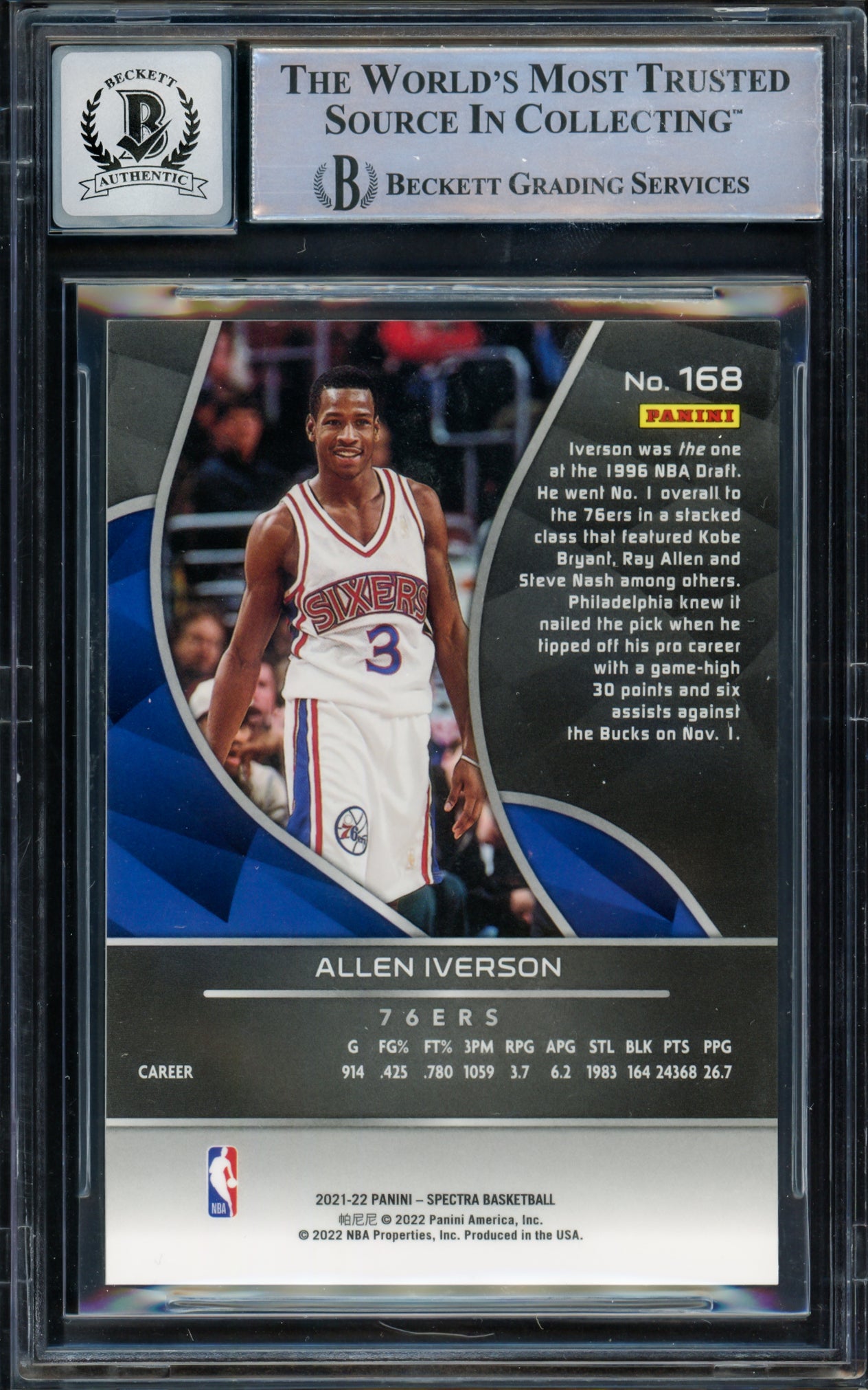 Allen Iverson Autographed 2021-22 Panini Spectra Card #168 Card Philadelphia 76ers Auto Grade Gem Mint 10 Beckett BAS Witness Stock #235059
