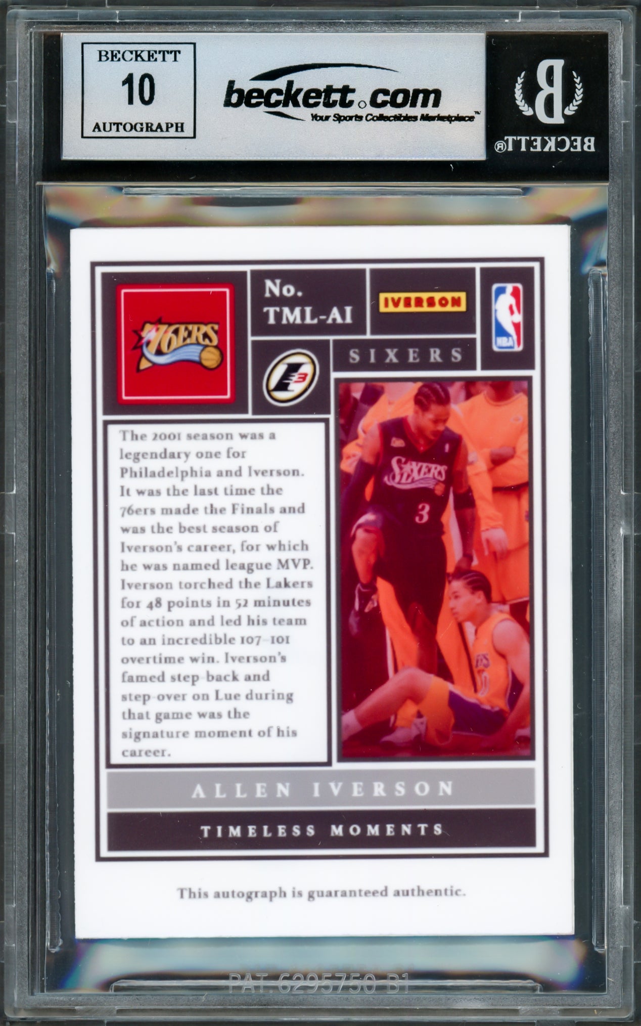 Allen Iverson Autographed Timeless Moments Card #TML-AI Card Philadelphia 76ers #/25 Beckett BAS Witness Stock #235064