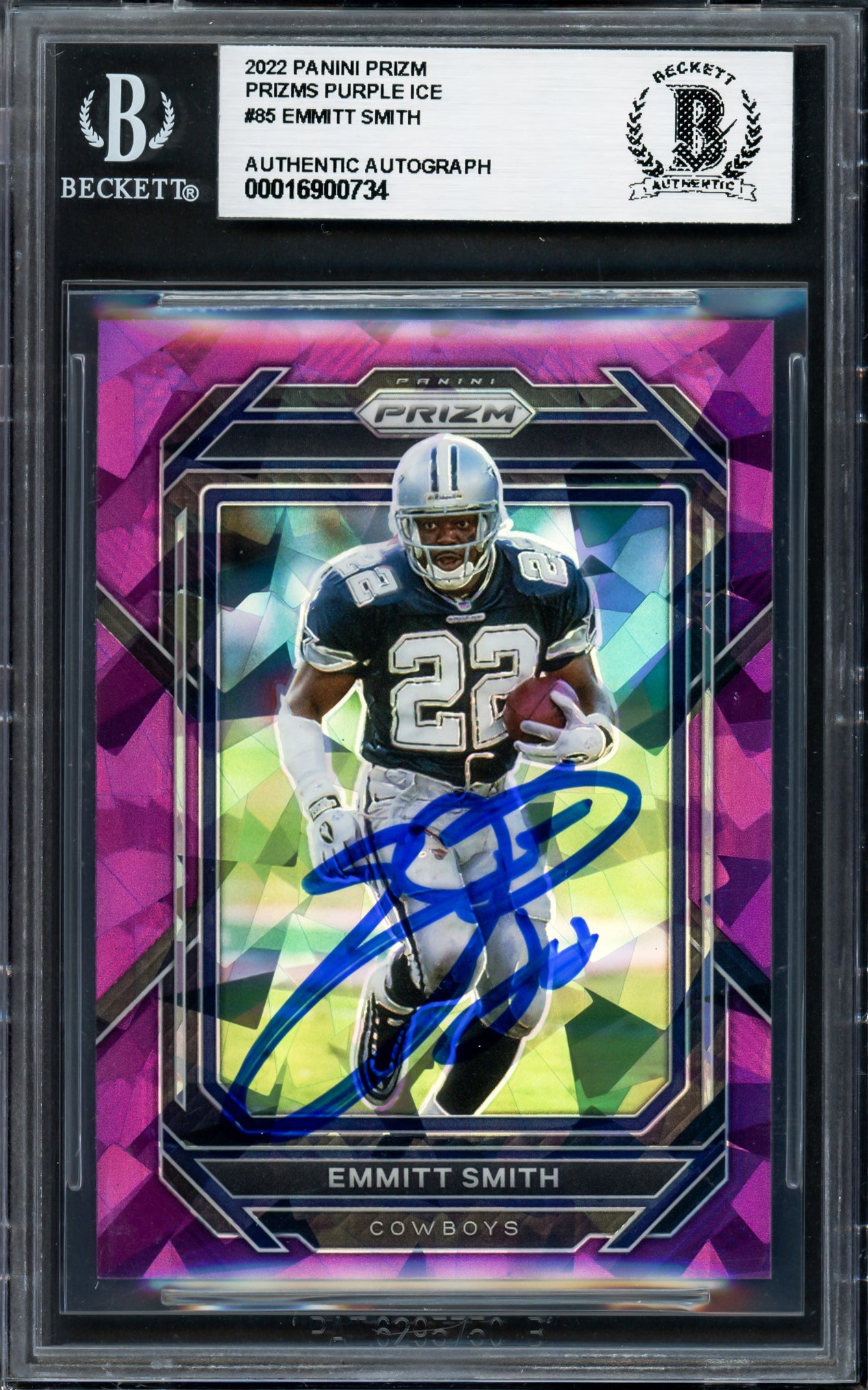 Emmitt Smith Autographed 2022 Panini Prizm Prizms Purple Ice Card #85 Card Dallas Cowboys #/225 Beckett BAS Stock #235073