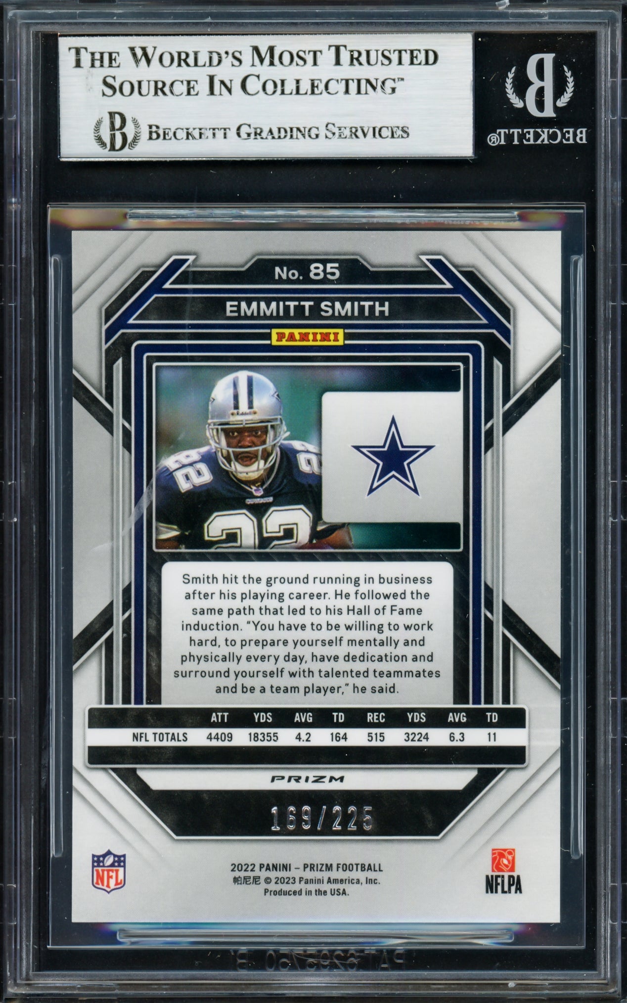 Emmitt Smith Autographed 2022 Panini Prizm Prizms Purple Ice Card #85 Card Dallas Cowboys #/225 Beckett BAS Stock #235073