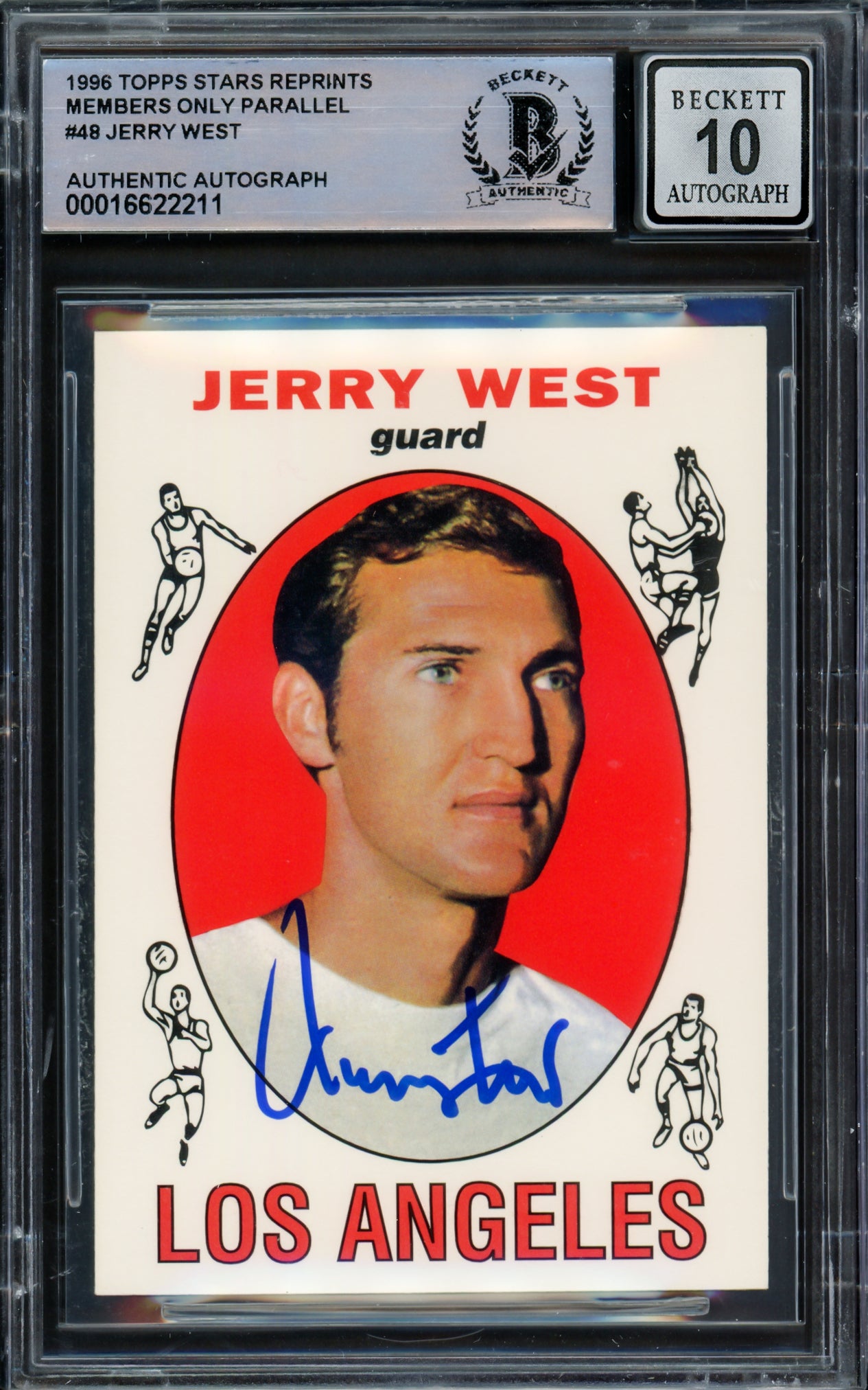 Jerry West Autographed 1996 Topps Stars Reprints Members Only Parallel Card #48 Card Los Angeles Lakers Auto Grade Gem Mint 10 Beckett BAS Stock #235074
