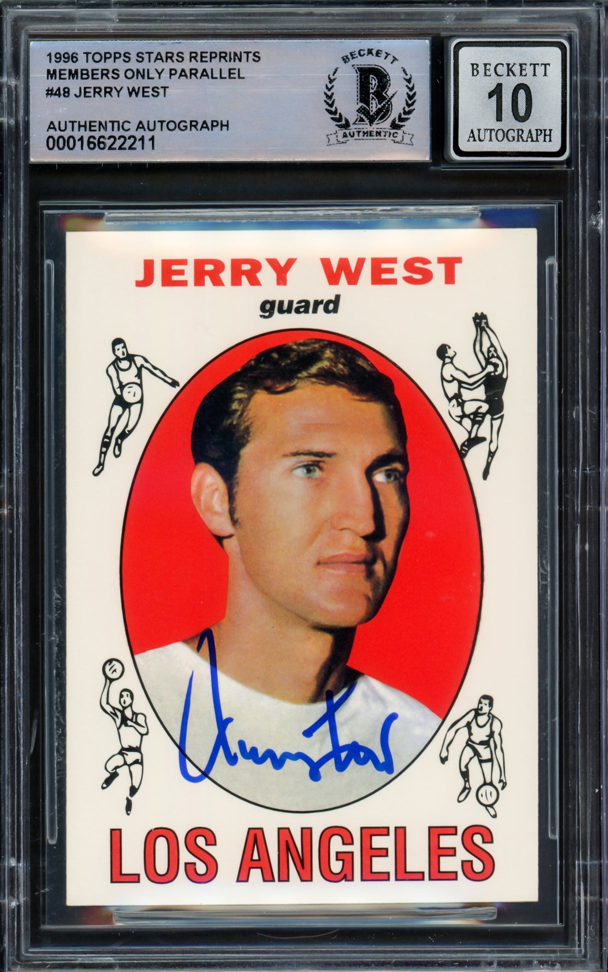 Jerry West Autographed 1996 Topps Stars Reprints Members Only Parallel Card #48 Card Los Angeles Lakers Auto Grade Gem Mint 10 Beckett BAS Stock #235074