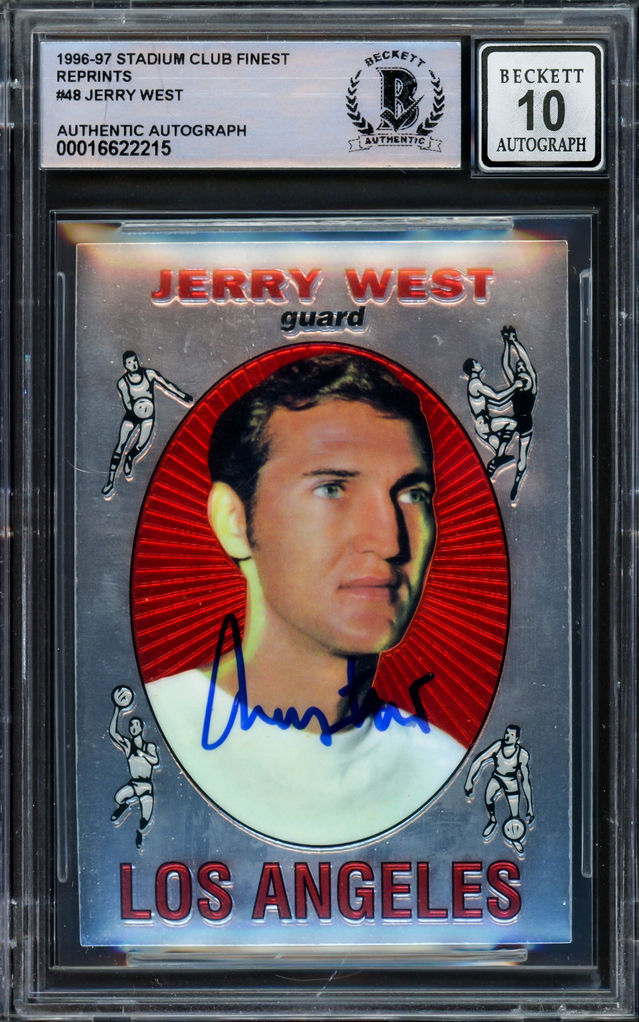 Jerry West Autographed 1996-97 Stadium Club Finest Reprints Card #48 Card Los Angeles Lakers Auto Grade Gem Mint 10 #/333 Beckett BAS Stock #235075