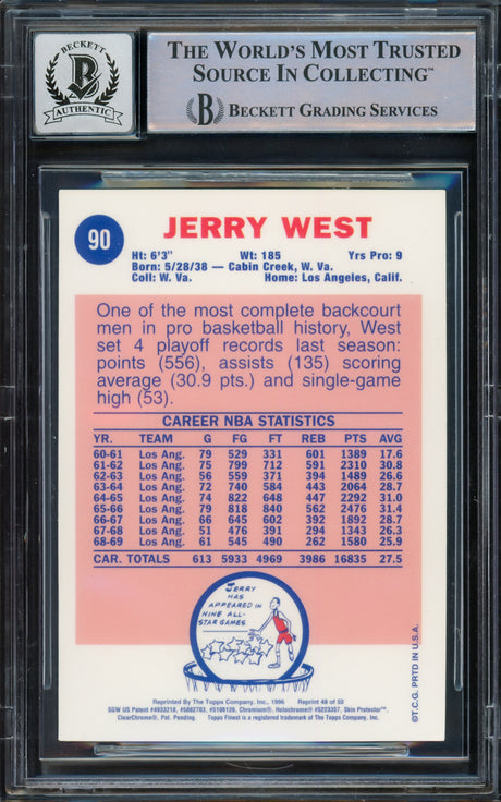 Jerry West Autographed 1996-97 Stadium Club Finest Reprints Card #48 Card Los Angeles Lakers Auto Grade Gem Mint 10 #/333 Beckett BAS Stock #235075