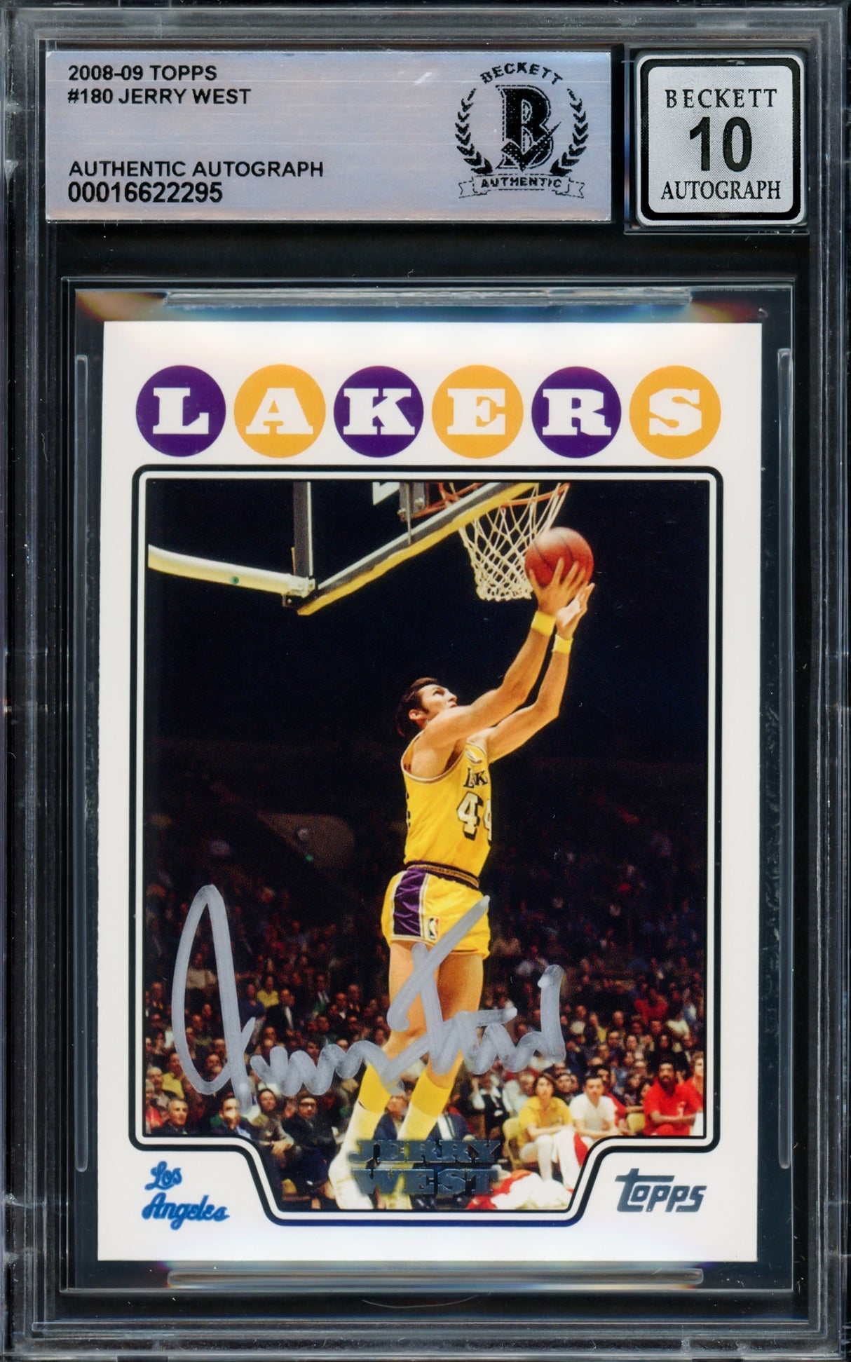 Jerry West Autographed 2008-09 Topps Card #180 Card Los Angeles Lakers Auto Grade Gem Mint 10 Beckett BAS Stock #235077