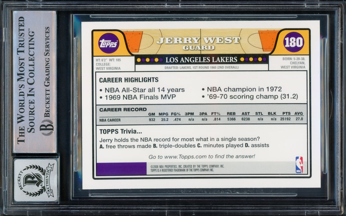 Jerry West Autographed 2008-09 Topps Card #180 Card Los Angeles Lakers Auto Grade Gem Mint 10 Beckett BAS Stock #235077