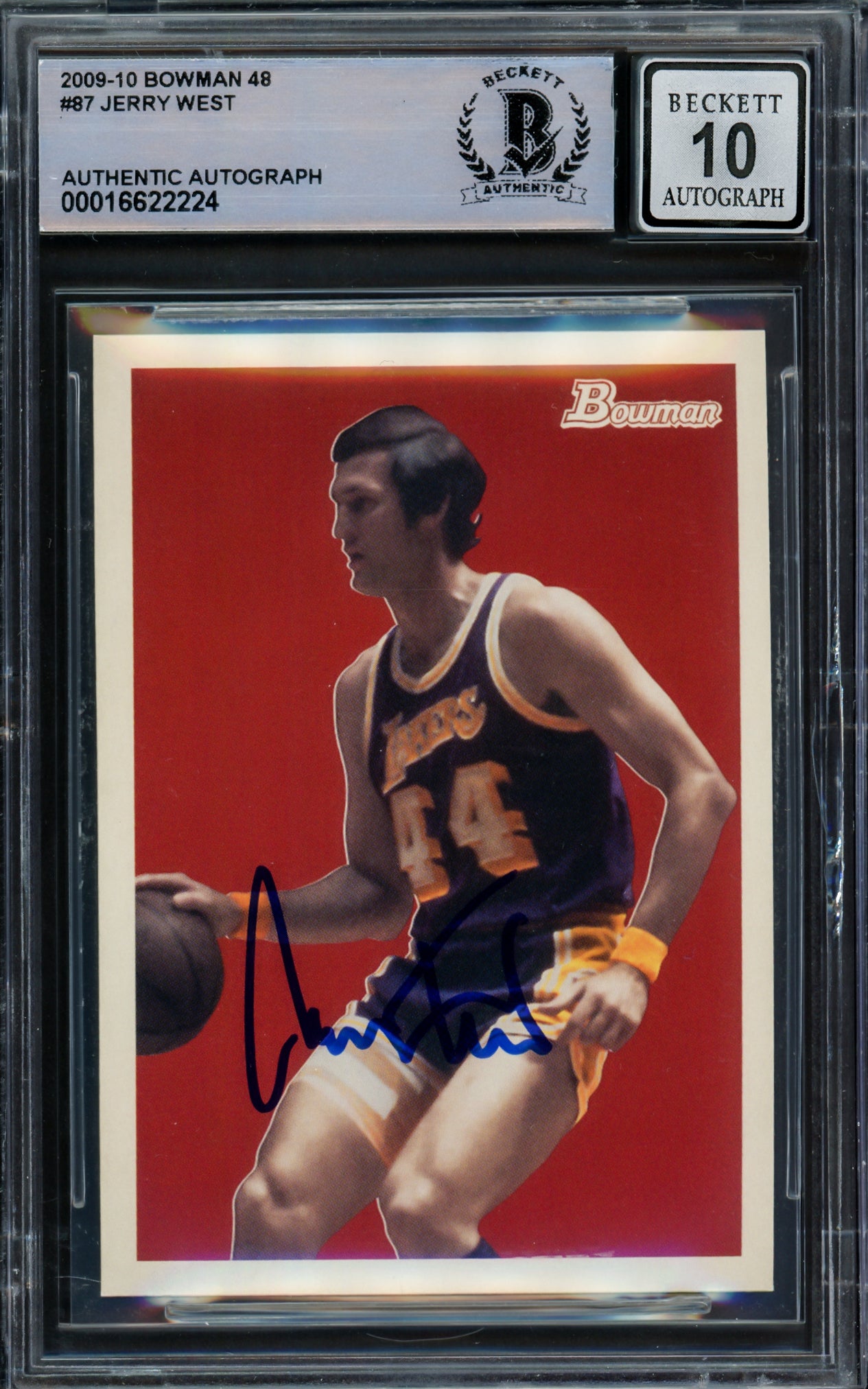 Jerry West Autographed 2009-10 Bowman Card #87 Card Los Angeles Lakers Auto Grade Gem Mint 10 Beckett BAS Stock #235078