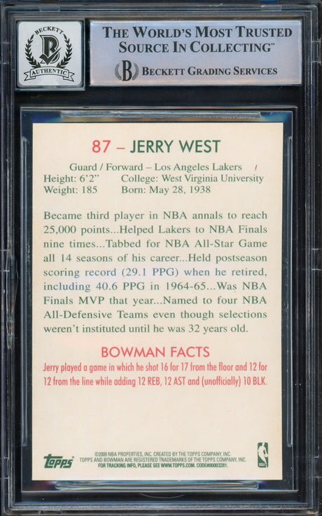 Jerry West Autographed 2009-10 Bowman Card #87 Card Los Angeles Lakers Auto Grade Gem Mint 10 Beckett BAS Stock #235078