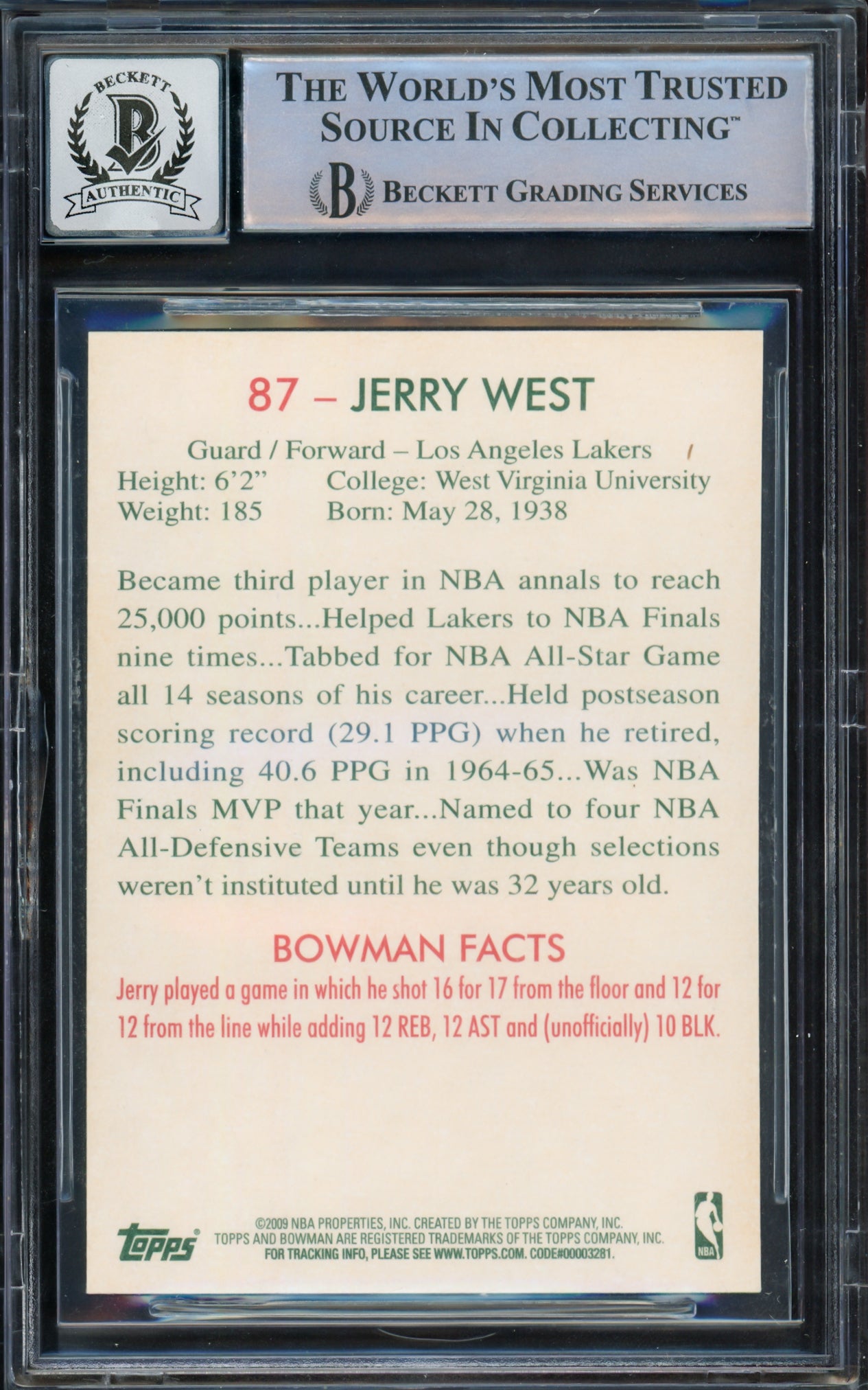 Jerry West Autographed 2009-10 Bowman Card #87 Card Los Angeles Lakers Auto Grade Gem Mint 10 Beckett BAS Stock #235078