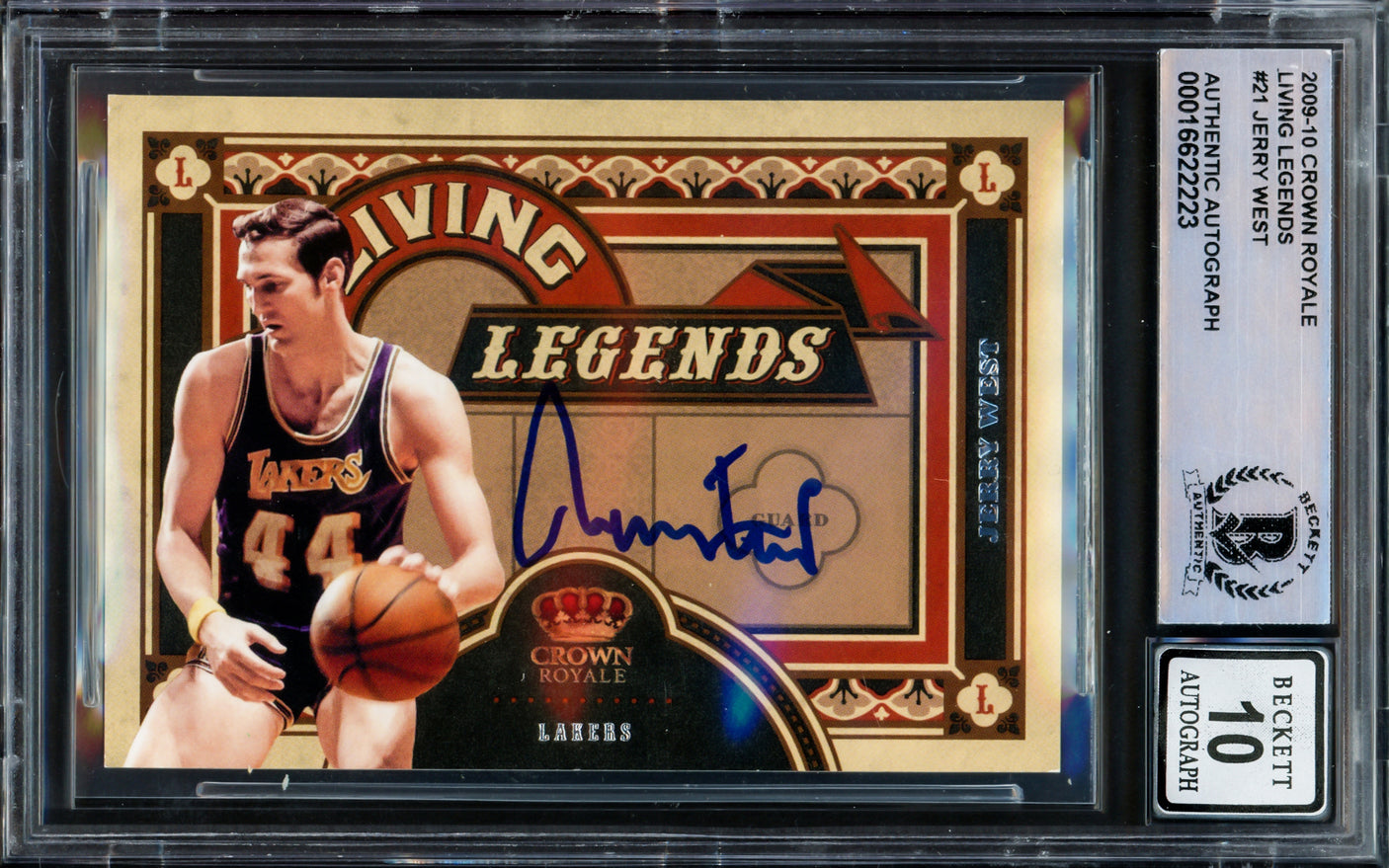 Jerry West Autographed 2009-10 Crown Royale Living Legends Card #21 Card Los Angeles Lakers Auto Grade Gem Mint 10 Beckett BAS Stock #235079