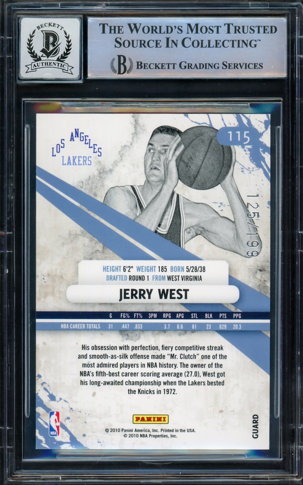 Jerry West Autographed 2010-11 Rookies & Stars Gold Holofoil Card #115 Card Los Angeles Lakers Auto Grade Gem Mint 10 Beckett BAS Stock #235080