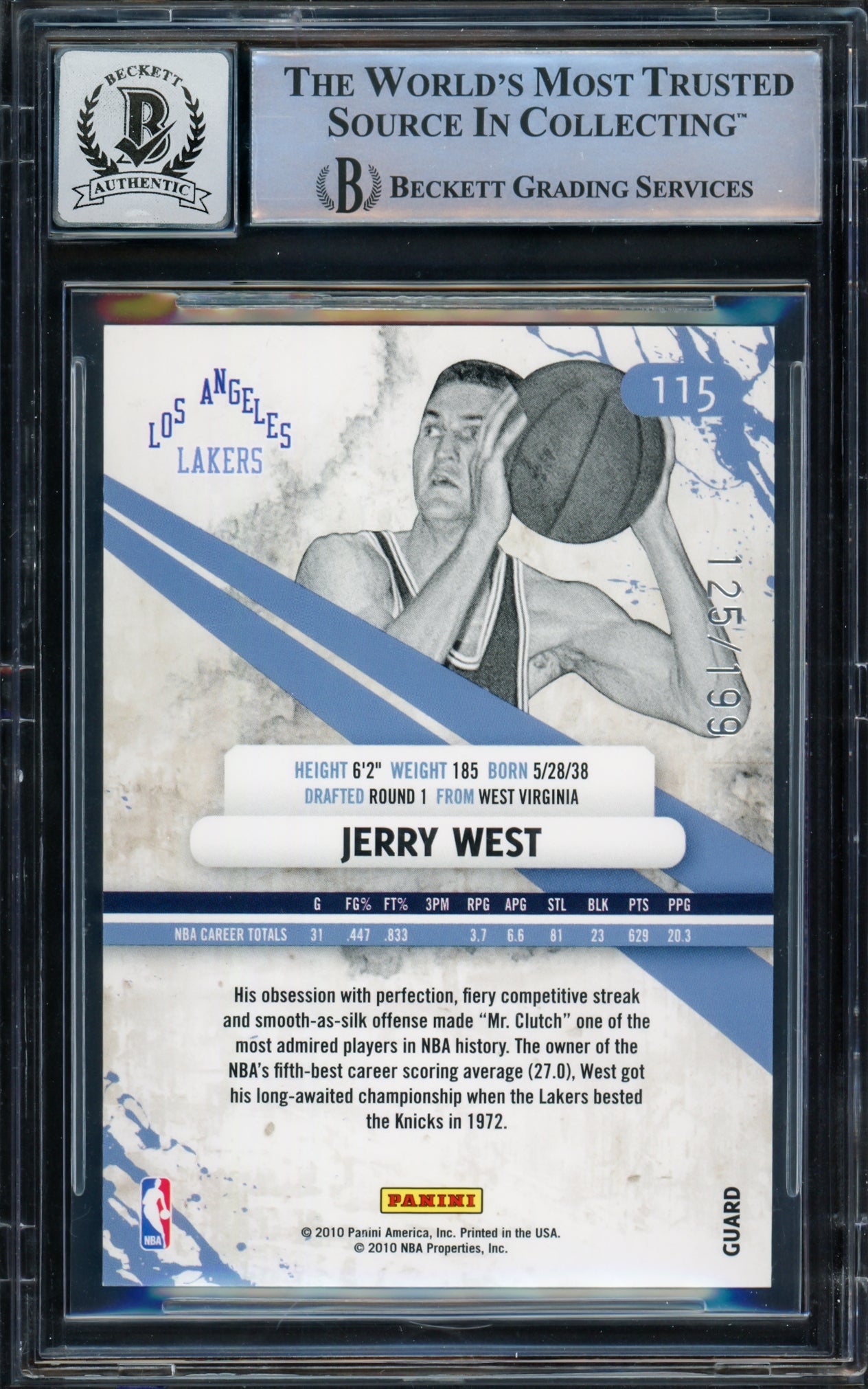 Jerry West Autographed 2010-11 Rookies & Stars Gold Holofoil Card #115 Card Los Angeles Lakers Auto Grade Gem Mint 10 Beckett BAS Stock #235080