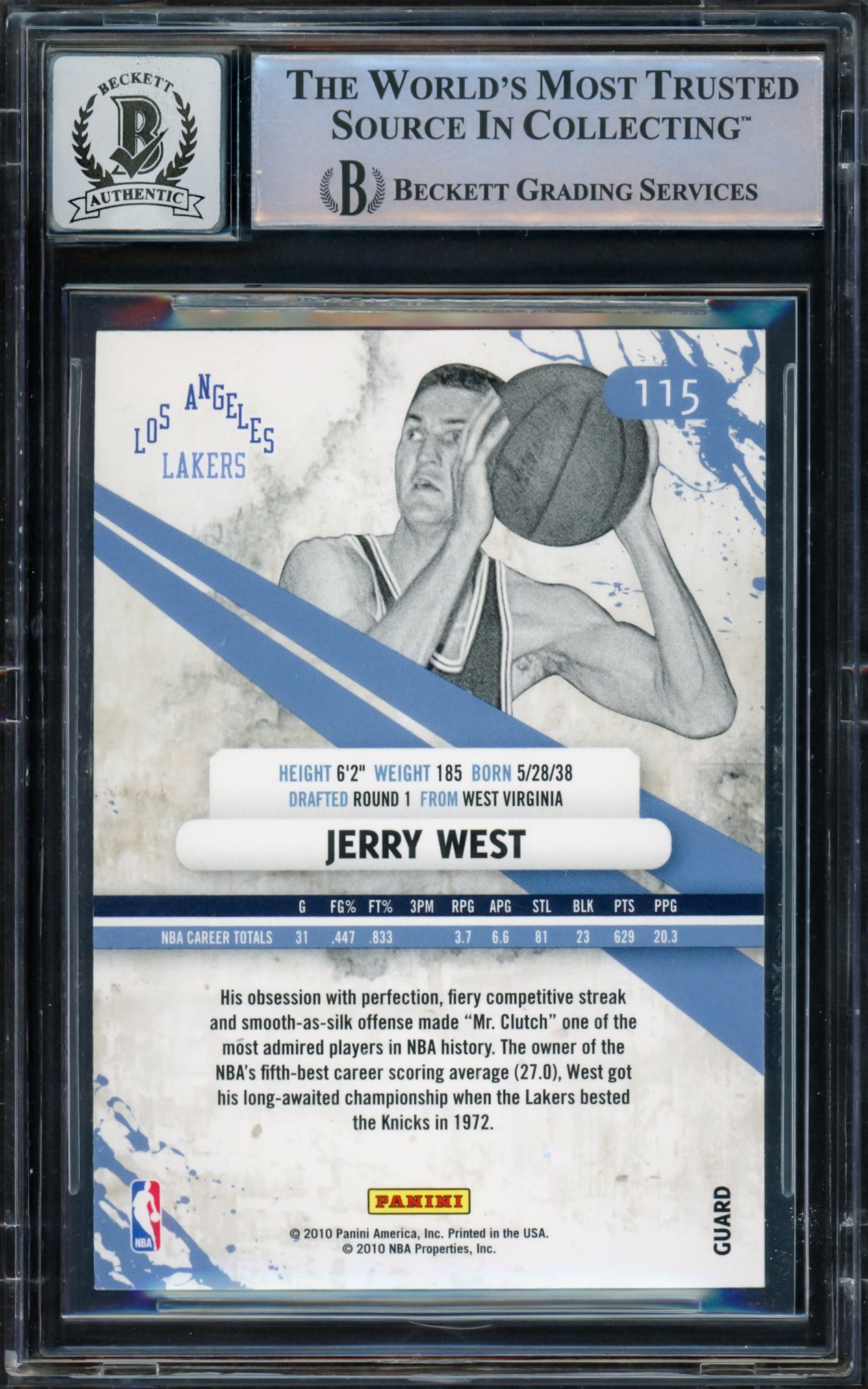 Jerry West Autographed 2010-11 Rookies & Stars Longevity Card #115 Card Los Angeles Lakers Auto Grade Gem Mint 10 Beckett BAS Stock #235081