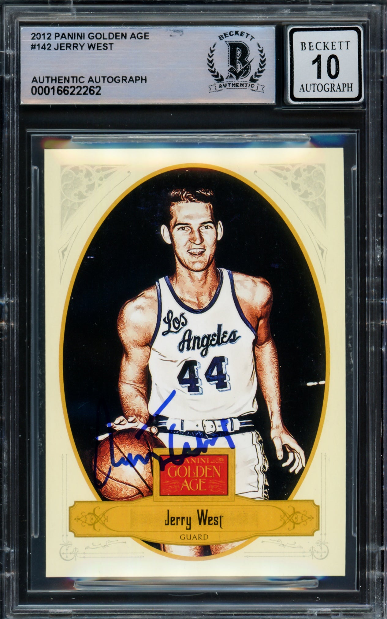Jerry West Autographed 2012 Panini Golden Age Card #142 Card Los Angeles Lakers Auto Grade Gem Mint 10 Beckett BAS Stock #235082
