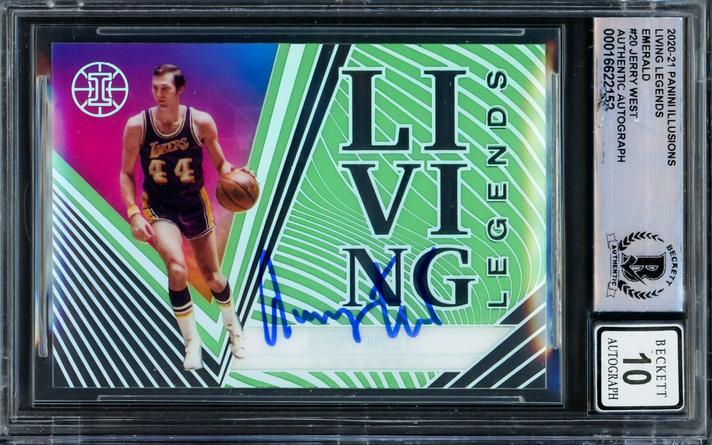 Jerry West Autographed 2020-21 Panini Illusions Living Legends Emerald Card #20 Card Los Angeles Lakers Auto Grade Gem Mint 10 Beckett BAS Stock #235084