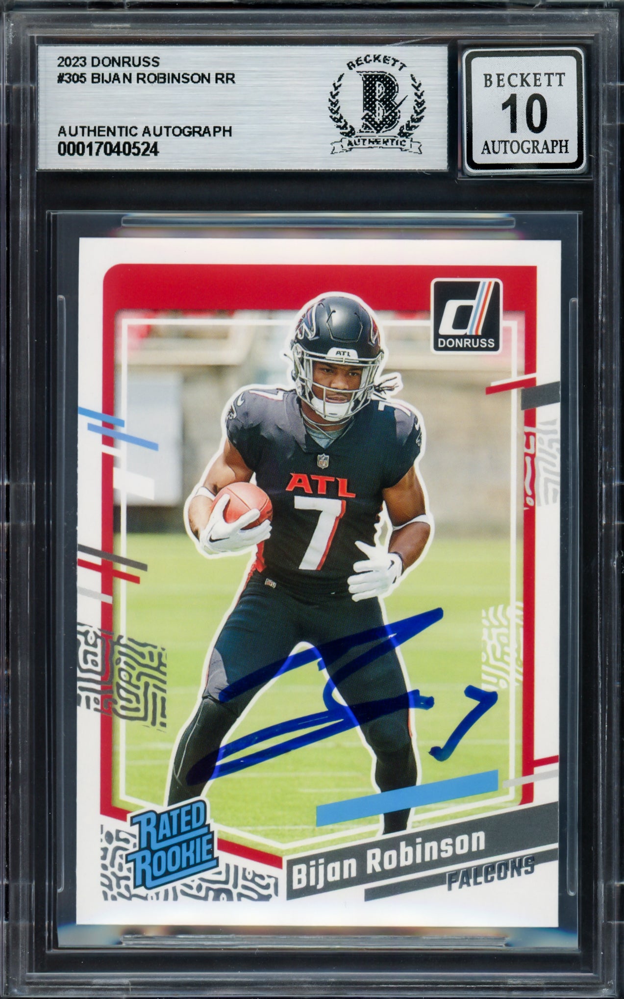 Bijan Robinson Autographed 2023 Donruss Rated Rookie Card #305 Atlanta Falcons Auto Grade Gem Mint 10 Beckett BAS Stock #235098