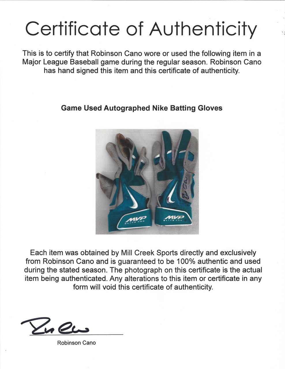 Robinson Cano Autographed Seattle Mariners Game Used Nike Batting Gloves With Signed Certificate SKU #138703