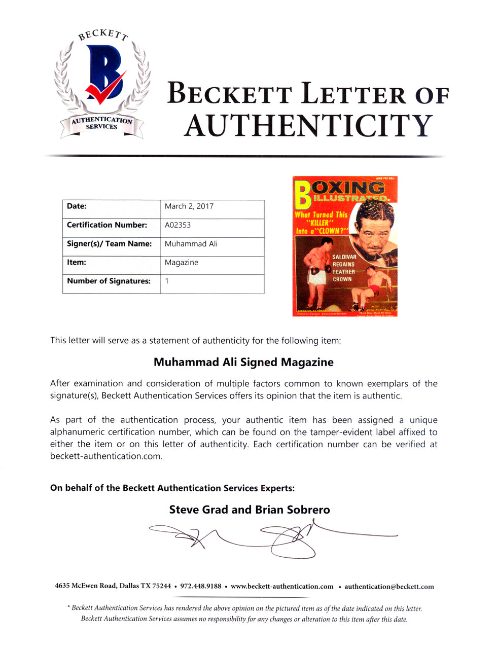 Muhammad Ali Autographed Boxing Illustrated Magazine Vintage Beckett BAS #A02353