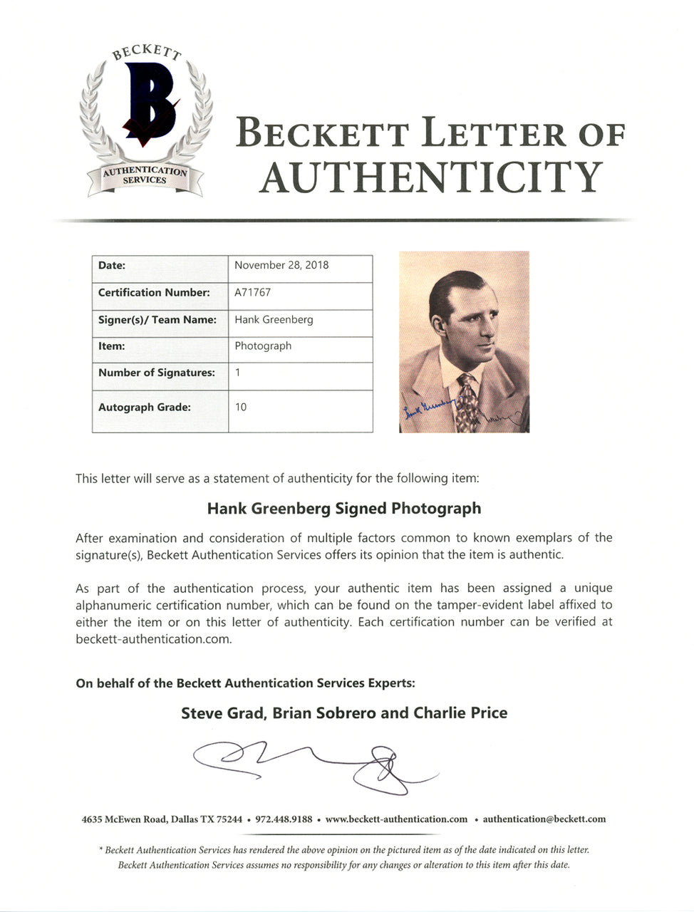 Hank Greenberg Autographed 6.5x9 Photo Picture Pack 1948 Cleveland Indians Gem Mint 10 Beckett BAS #A71767