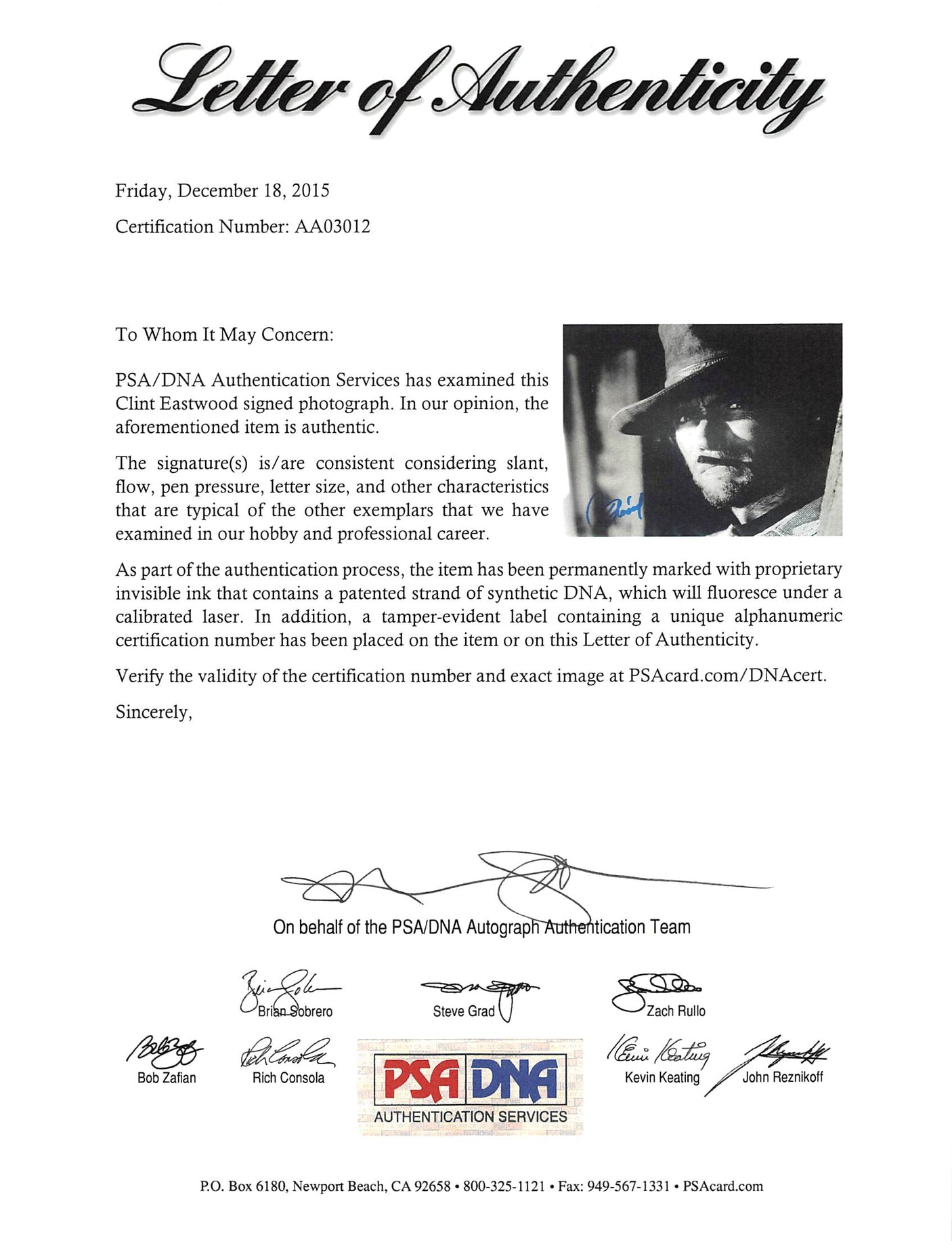 Clint Eastwood The Good, the Bad and the Ugly Signed 8x10 Photo PSA/DNA #AA03012