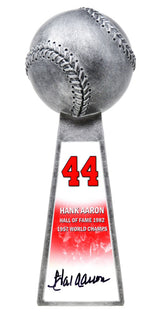 Hank Aaron Signed Baseball World Champion 14 Inch Replica Silver Trophy