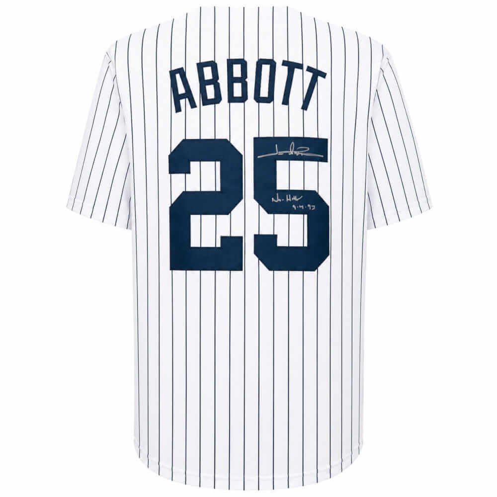 Jim Abbott Signed White Pinstripe Custom Baseball Jersey w/No Hitter 9-4-93