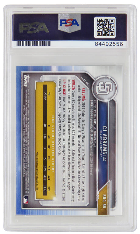 C.J. (CJ) Abrams Signed Padres 2019 1st Bowman Chrome Baseball Rookie Card #BDC-85 (PSA/DNA Encapsulated)