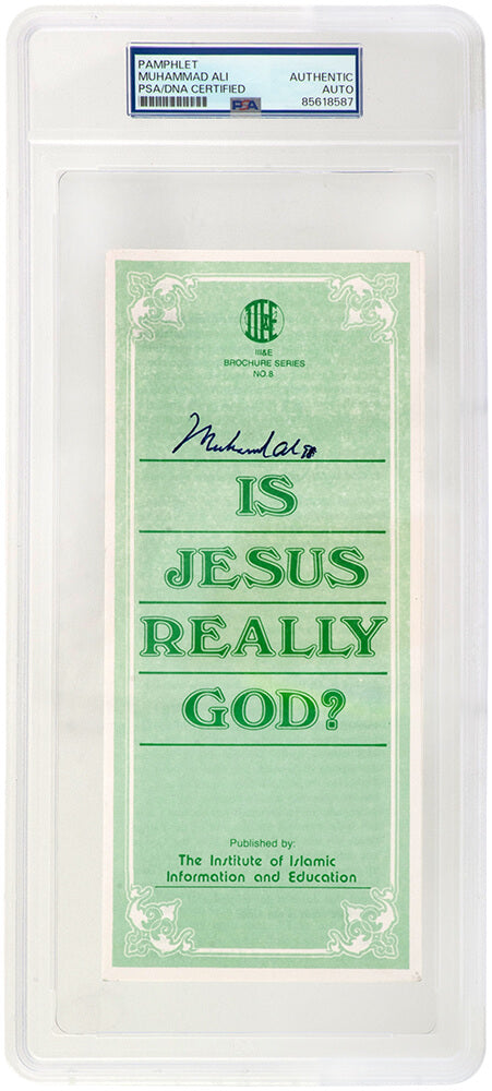 Muhammad Ali Signed Islamic Brochure 'Is Jesus Really God' Green 9x3 Pamplet - (PSA/DNA Encapsulated)