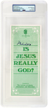 Muhammad Ali Signed Islamic Brochure 'Is Jesus Really God' Green 9x3 Pamplet - (PSA/DNA Encapsulated)