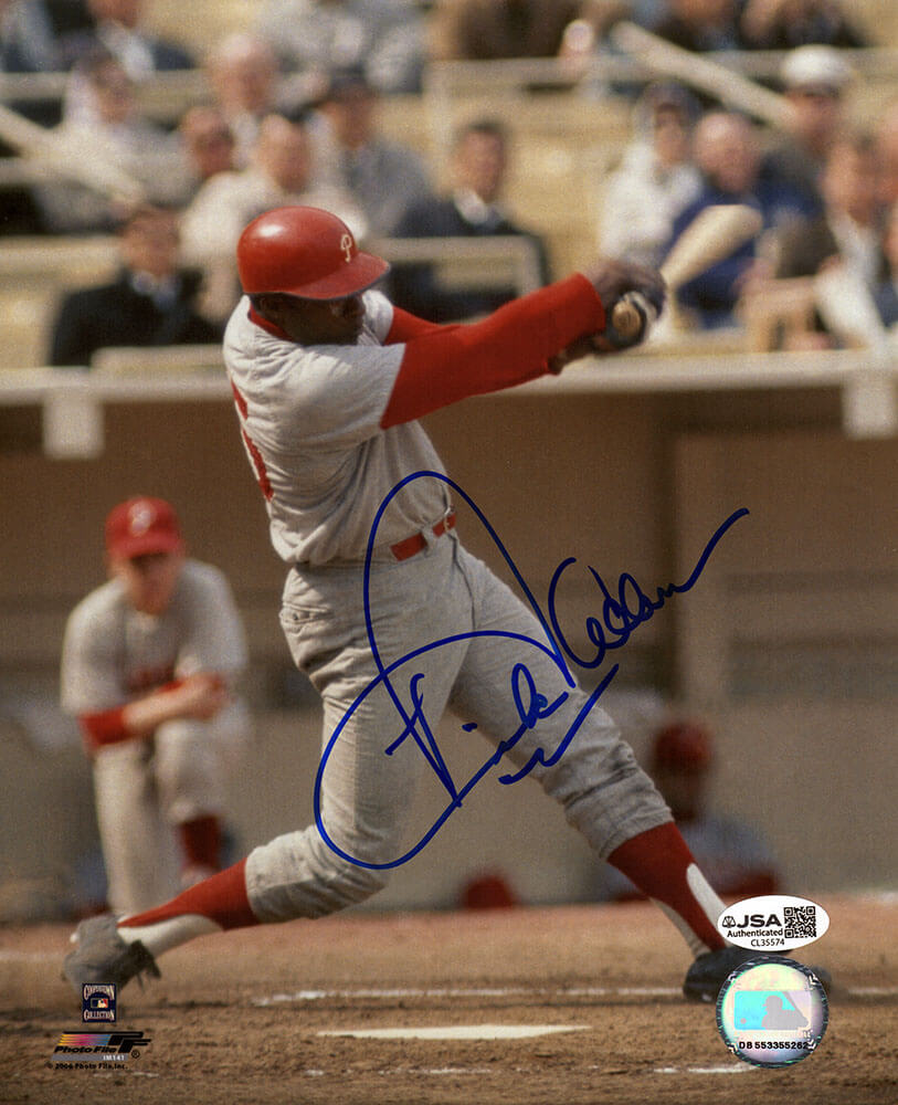 Dick Allen Signed Philadelphia Phillies Grey Jersey Swinging 8x10 Photo - (JSA)