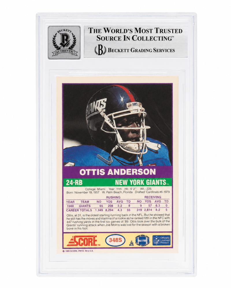 Ottis Anderson Signed Giants 1989 Score Supplemental Football Card #348S - (Beckett - Auto Sticker - Grade 10)