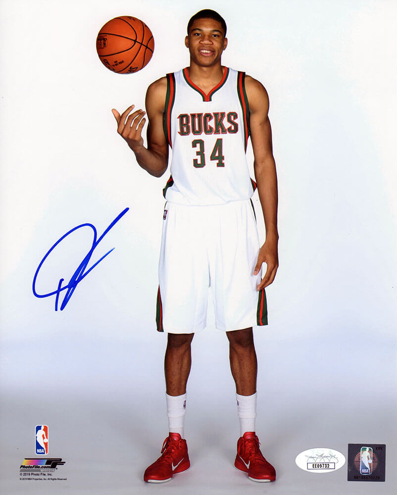 Giannis Antetokounmpo Signed Milwaukee Bucks White Jersey Standing With Basketball Pose 8x10 Photo - (JSA)