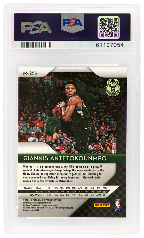 Giannis Antetokounmpo Signed Milwaukee Bucks 2018 Panini Prizm Basketball Card #296 - (PSA / Auto Grade 9)