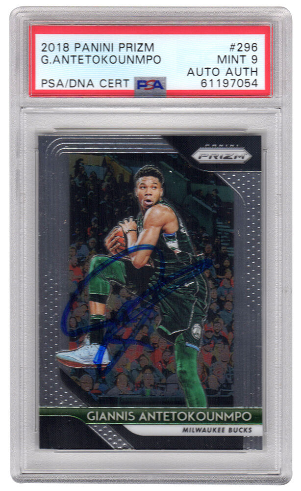Giannis Antetokounmpo Signed Milwaukee Bucks 2018 Panini Prizm Basketball Card #296 - (PSA / Auto Grade 9)