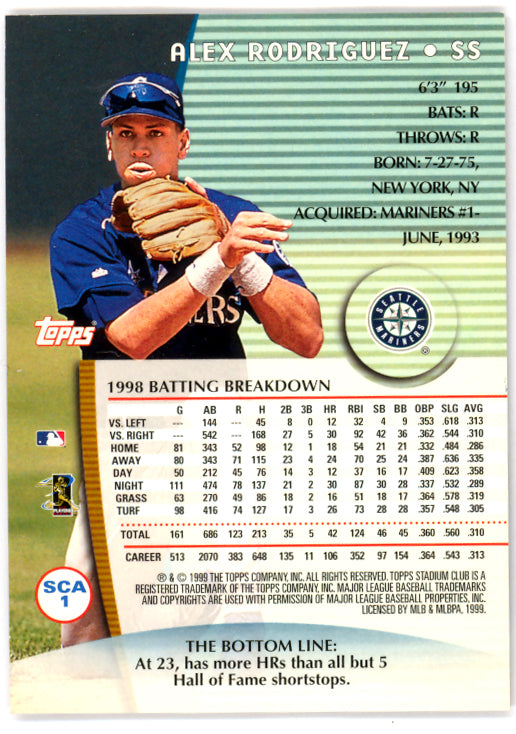Alex Rodriguez Autographed 1999 Stadium Club Card #SCA1 Seattle Mariners SKU #116474