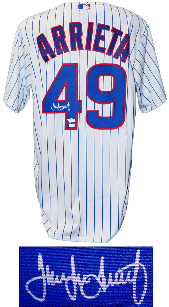 Jake Arrieta Signed Chicago Cubs White Pinstripe Majestic Jersey